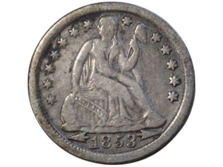 1853 Seated Liberty Dime with Arrows Vintage Collectible