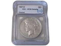 1927-D Peace Silver Dollar, ICG VF20 Details, Cleaned