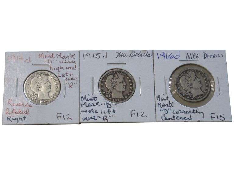 1914-1916 Barber Quarter Set - Graded F12-F15 with Mint Mark Variations