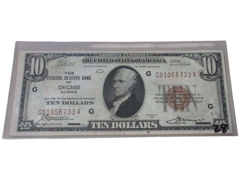 1929 $10 Federal Reserve Bank Note Chicago Illinois Series G Currency