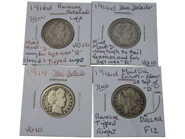 1916 & 1914 Barber Quarter Collection – VG10 & F12 Grades, Mint Errors and Details