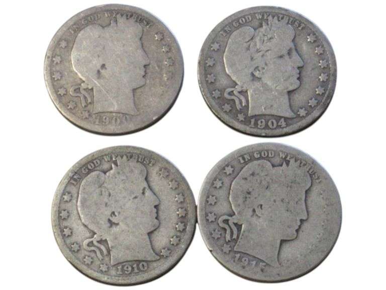 Set of 4 Barber Quarters: 1900, 1904, 1910, 1914