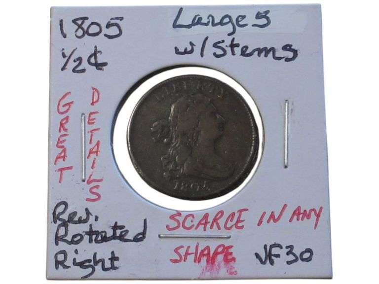 1805 Draped Bust Half Cent - Large 5 with Stems, VF30, Scarce Rotation Error
