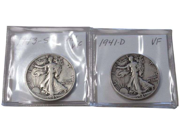 Set of 2 Walking Liberty Half Dollars: 1941-D & 1943-S - VF Condition
