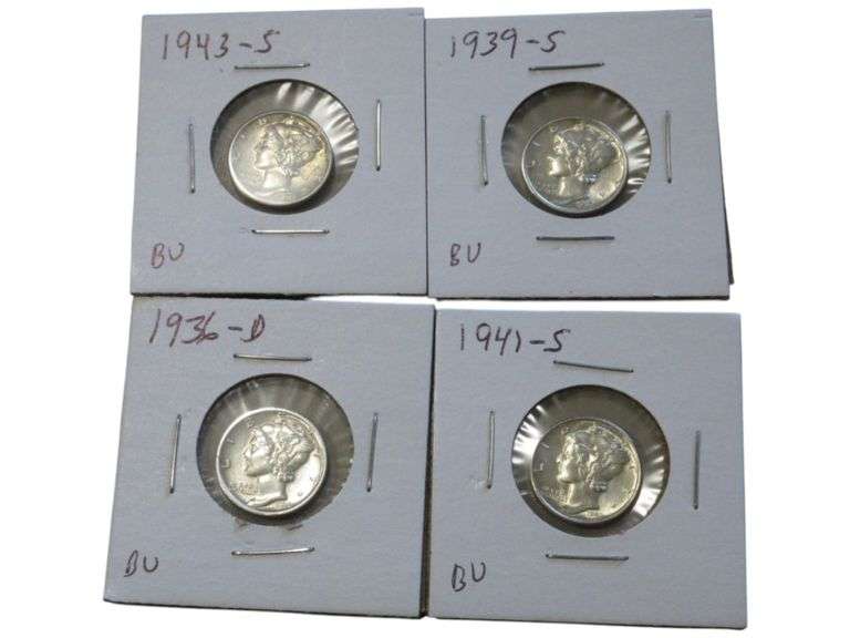 Collection of 4 BU Mercury Dimes: 1936-D, 1939-S, 1941-S, 1943-S