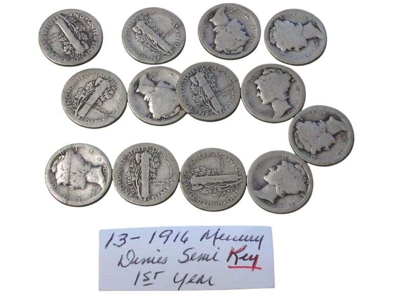 13-Count 1916 Mercury Dime Collection - Semi Key, 1st Year Issue