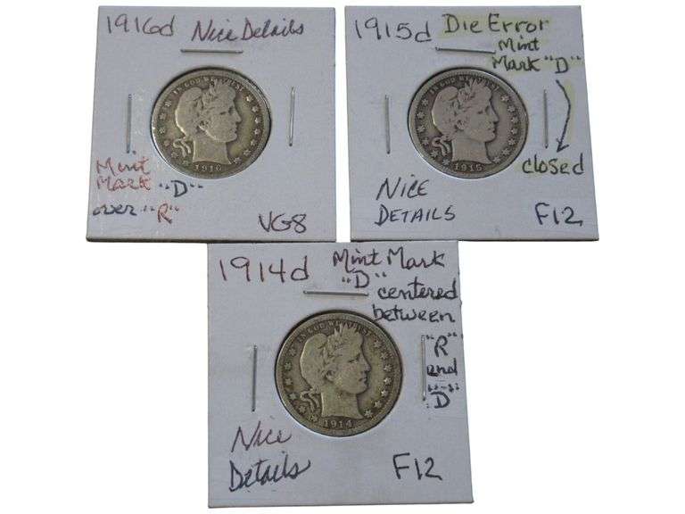 1914-1916 Barber Quarter Lot - 3  with Mint Mark D and Errors
