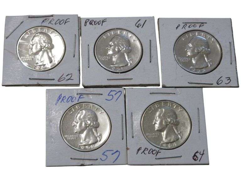 Set of 5 Proof Washington Quarters (1957-1964) in Holders