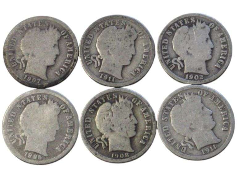 Antique U.S. Barber Dime  Collection (1896-1911) - Set of 6
