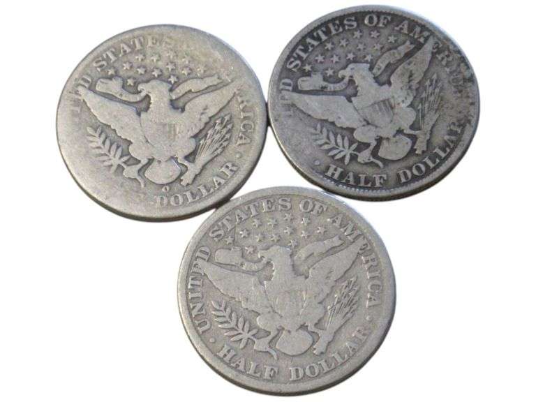 Lot of 3 Barber Half Dollars 1900, 1902-O, 1908