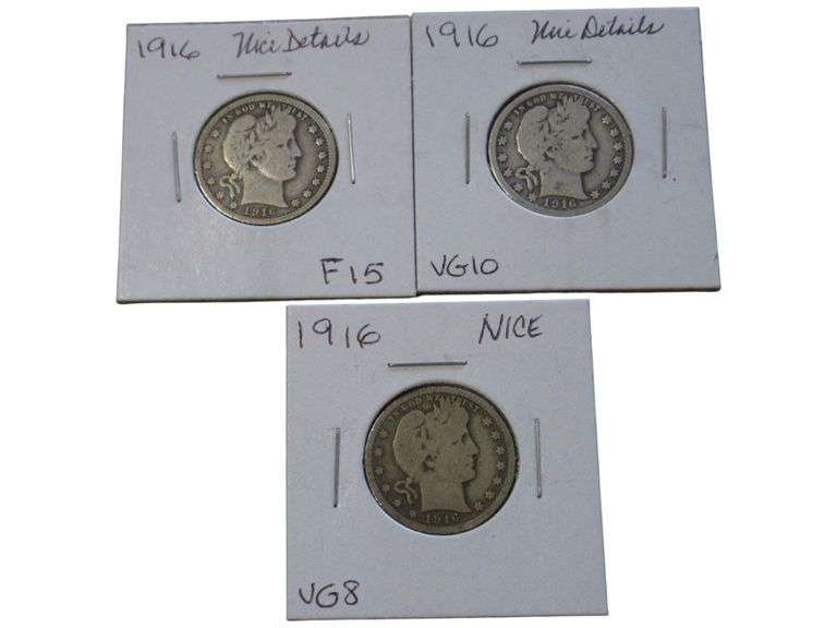 1916 Barber Quarter  Collection - Nice Details Grades F15, VG10, VG8