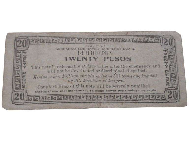1944 Philippines Mindanao Emergency 20 Pesos Note