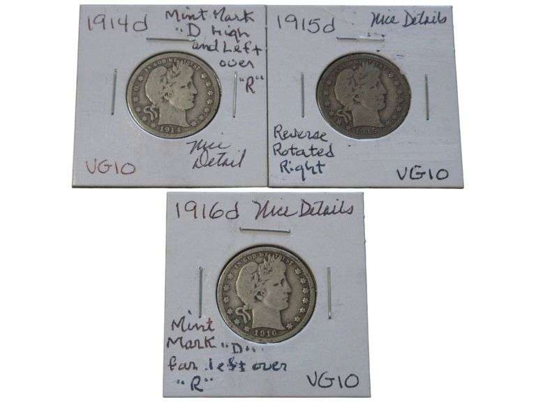 1914-1916 Barber Quarter Set - VG10, Various Mint Marks & Details