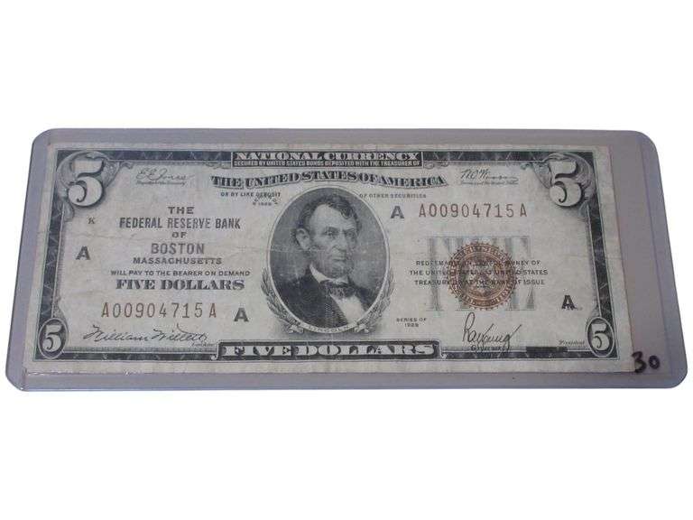 Vintage 1929 $5 Federal Reserve Bank Note - Boston Issue