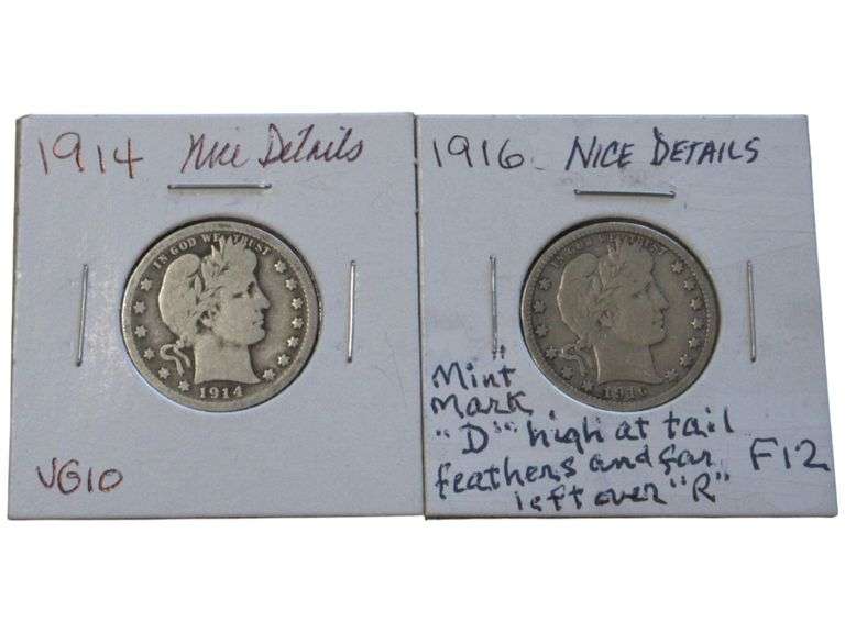 1914 & 1916 Barber Quarters - VG10 & F12 - Nice Details and Mint Mark Noted