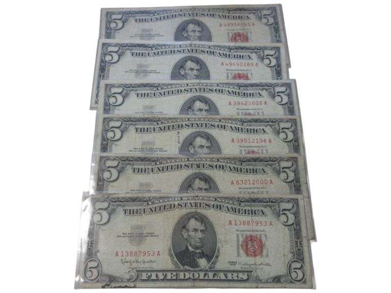 Set of 6 Vintage $5 Red Seal US Notes - Series 1963