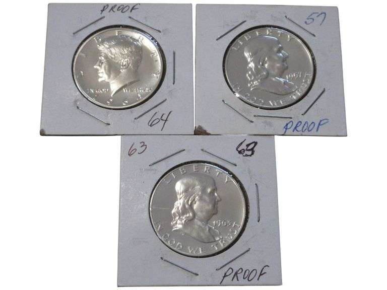 Lot of 3 Proof 1964 Kennedy & 1957/1963 Franklin Half Dollars