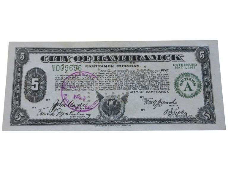 1933 City of Hamtramck $5 Depression Script Note