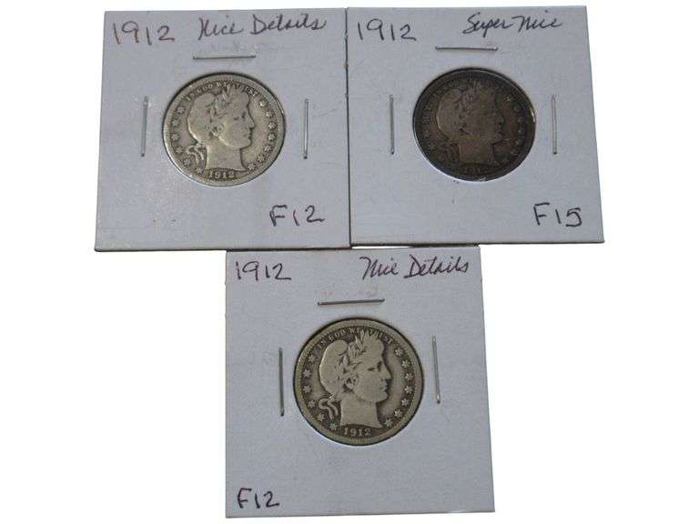 1912 Barber Quarter Lot - Nice Details & Super Nice, Grades F12 to F15