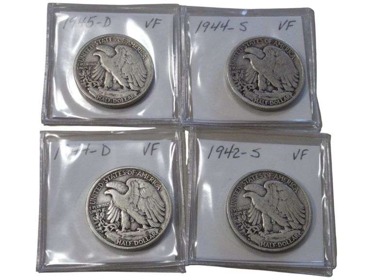 Set of 4 Walking Liberty Half Dollar s (1942-1945) VF Condition
