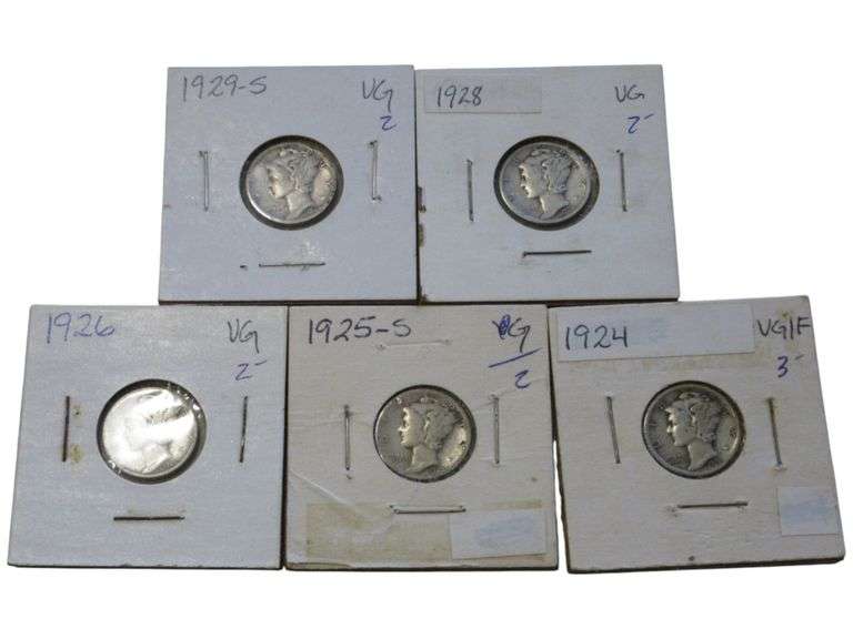 Lot of 5 Mercury Dimes (1924-1929) – Various Grades