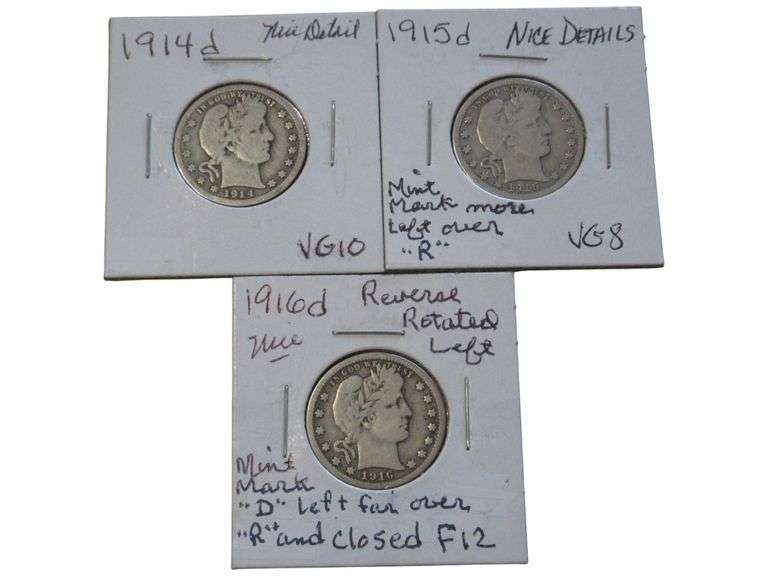 Lot of Three Barber Quarters 1914-D, 1915-D, 1916-D - VG Condition