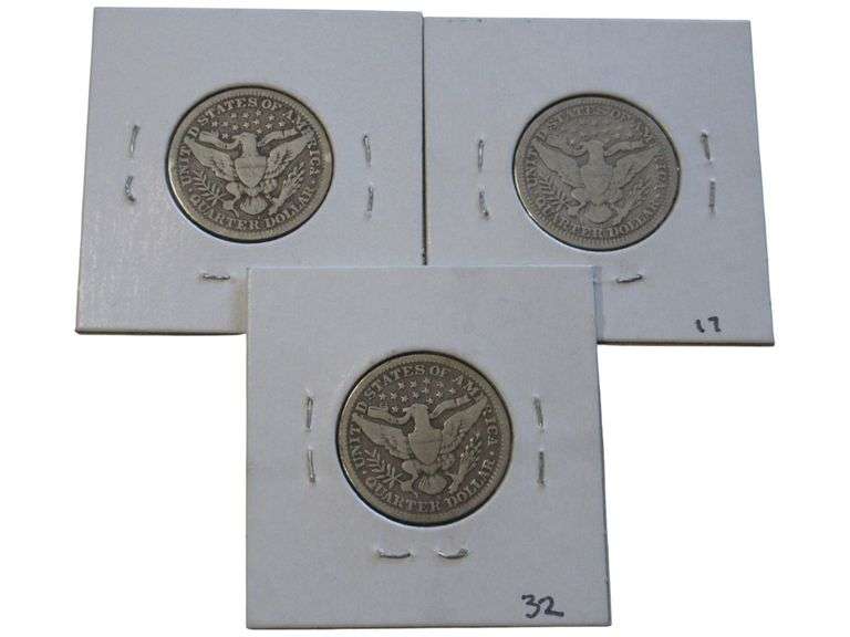 Lot of Three Barber Quarters 1914-D, 1915-D, 1916-D - VG Condition