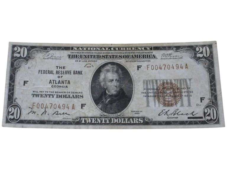1929 $20 National Currency Note from Federal Reserve Bank of Atlanta
