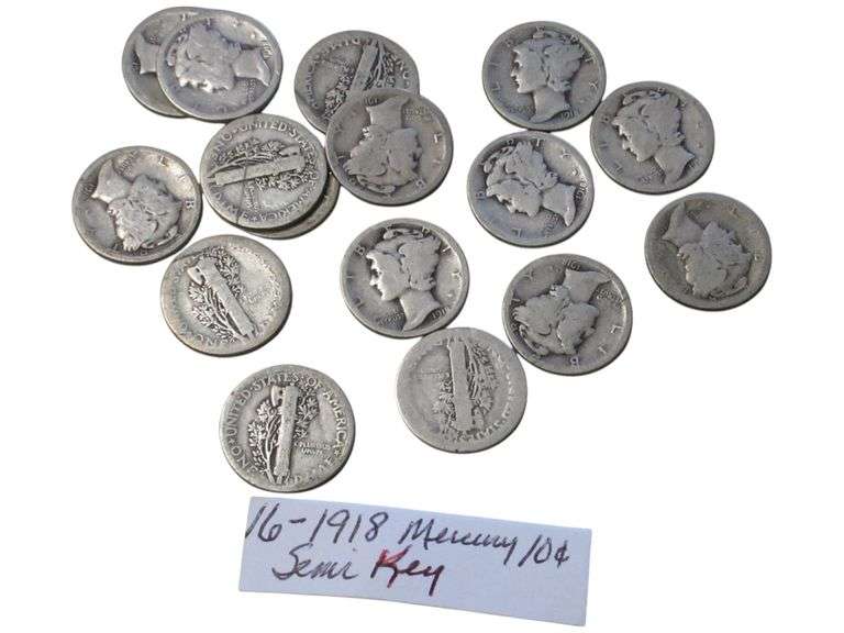 Lot of 16 Vintage 1918 Mercury Dimes - Semi Key Date Collection