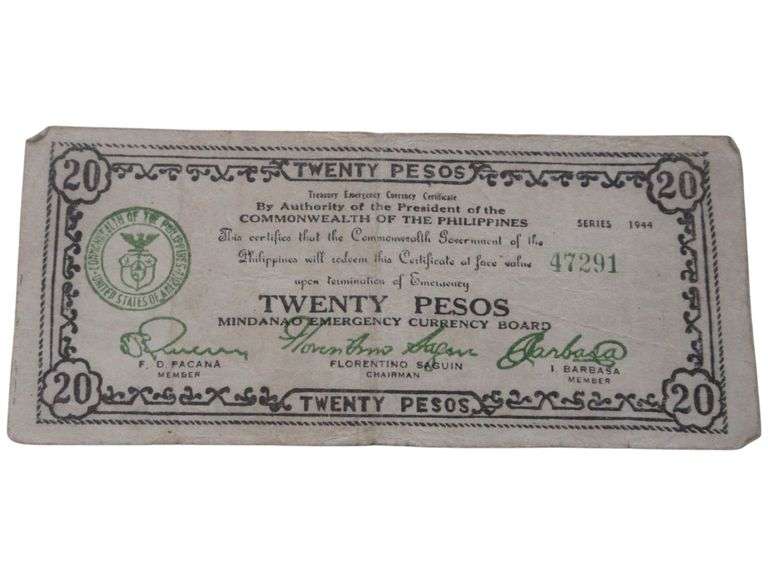1944 Philippines Mindanao Emergency 20 Pesos Note