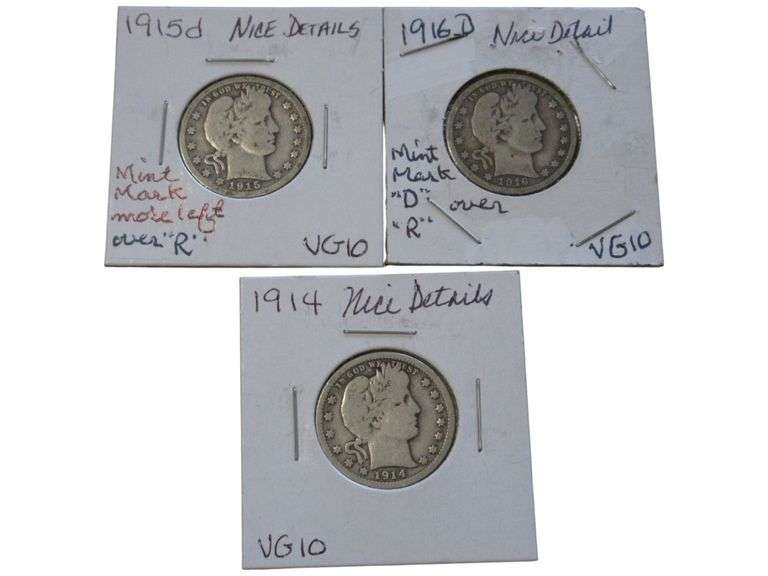 1914-1916 Barber Quarter  Set - VG10 Condition - Mint Marks Noted