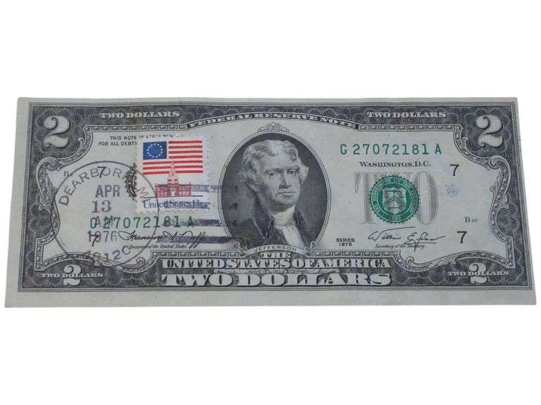 1976 Series $2 Bill with Bicentennial Stamp and Postmark