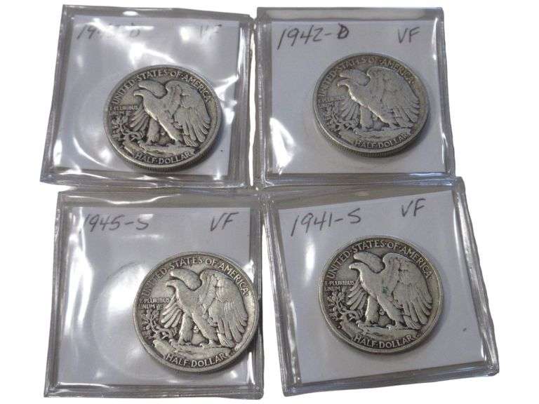 Set of 4 Walking Liberty Half Dollars (1941-S, 1942-D, 1943-D, 1945-S) VF Condition