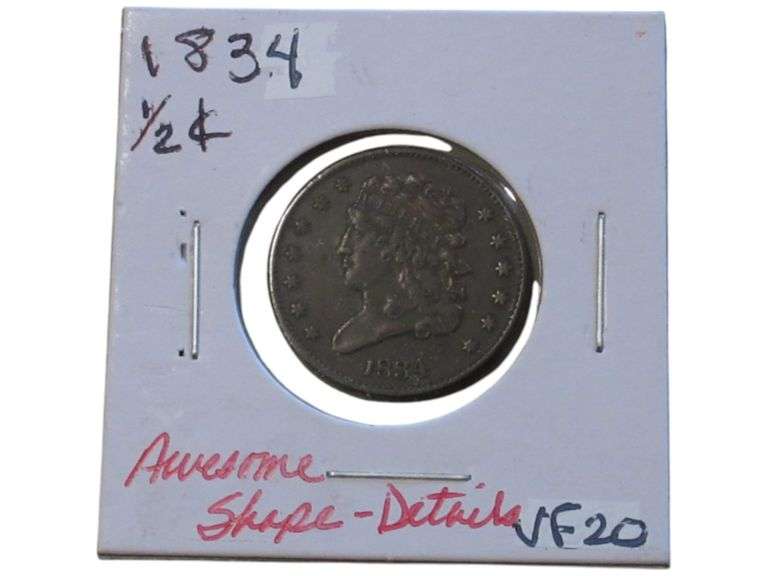 1834 Classic Head Half Cent  - VF20 Grade - Sharp Details