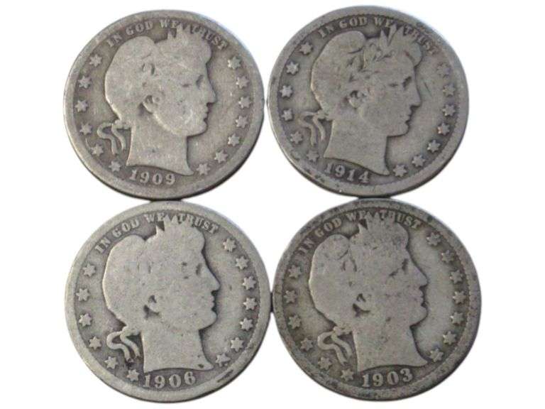Lot of 4 Barber Quarters (1903, 1906, 1909, 1914) - Collectible