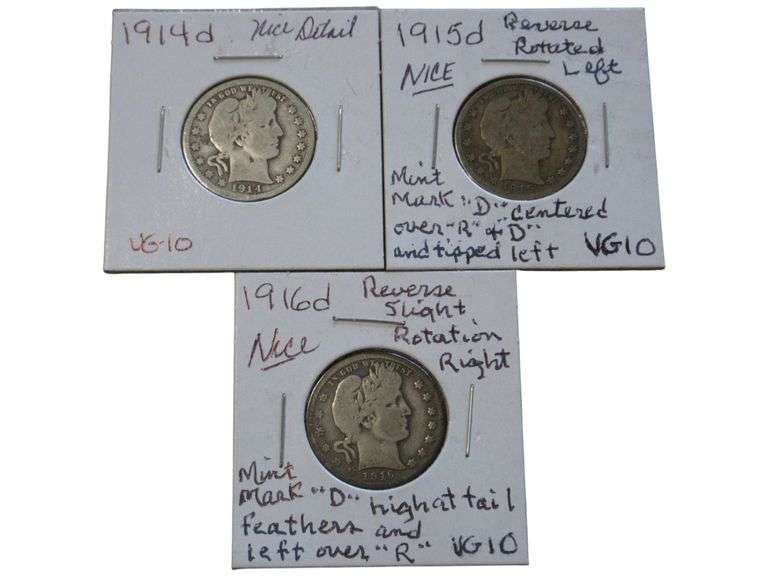 1914-1916 Barber Quarter Trio: VG10 with Mint Mark Variations
