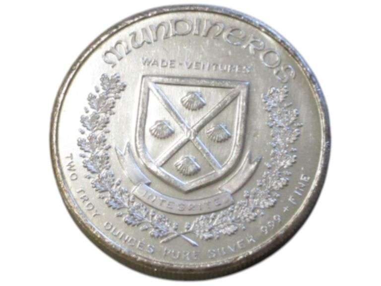 2 Troy Ounces .999 fine 1973 Two Silver Mundineros World Trade
