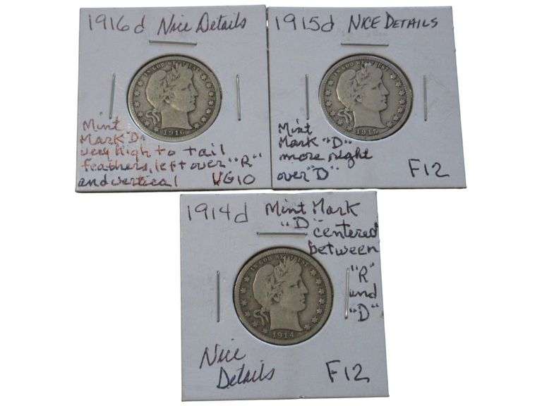 1914-1916 Barber Quarter Set with Denver Mint Marks - F12 to VG10 Grades