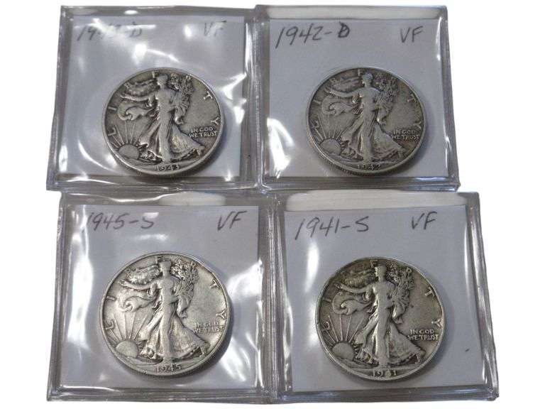 Set of 4 Walking Liberty Half Dollars (1941-S, 1942-D, 1943-D, 1945-S) VF Condition