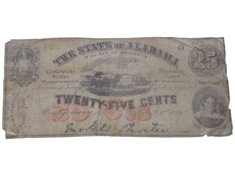 Vintage 1863 State of Alabama 25 Cents Confederate Currency Note