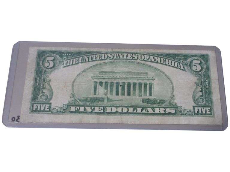 Vintage 1929 $5 Federal Reserve Bank Note - Boston Issue