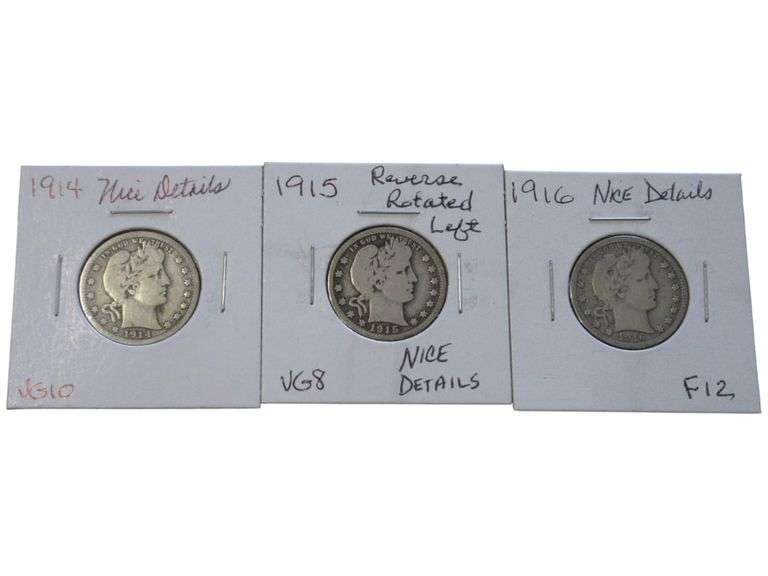 1914-1916 Barber Quarter  Set – Nice Details, Mixed Grades (VG10, VG8, F12)