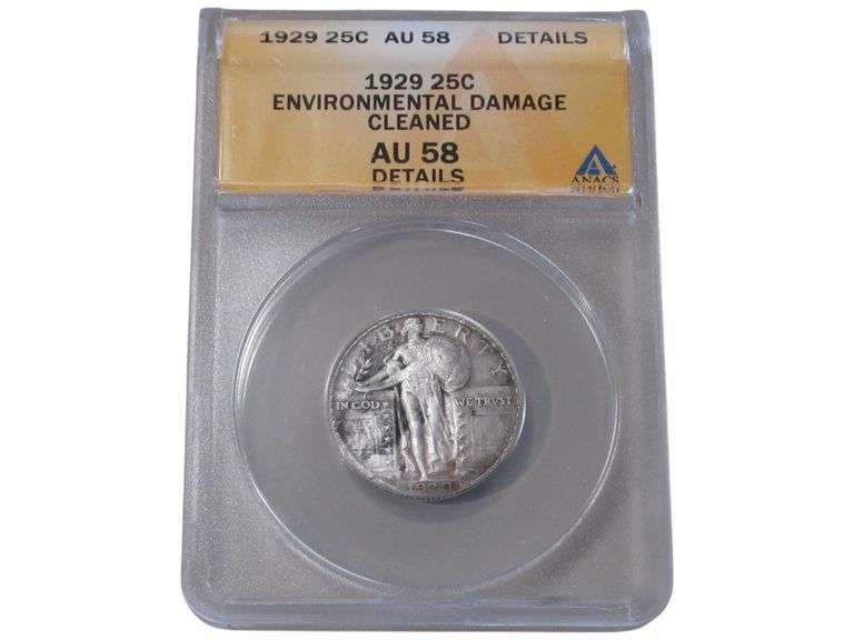 1929 Standing Liberty Quarter - ANACS AU 58, Environmental Damage/Cleaned