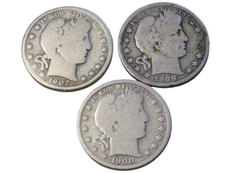 Lot of 3 Barber Half Dollars 1900, 1902-O, 1908