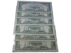Set of 6 Vintage $5 Red Seal US Notes - Series 1963