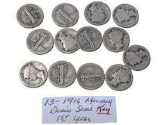 13-Count 1916 Mercury Dime Collection - Semi Key, 1st Year Issue