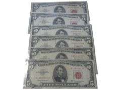 Set of 6 Vintage $5 Red Seal US Notes - Series 1963