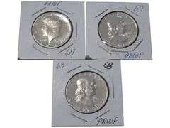 Lot of 3 Proof 1964 Kennedy & 1957/1963 Franklin Half Dollars