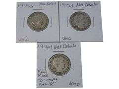 1914 d, 1915d, 1916 d Barber Quarters - VG10, Nice Details Collection