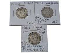 Lot of Three Barber Quarters 1914-D, 1915-D, 1916-D - VG Condition